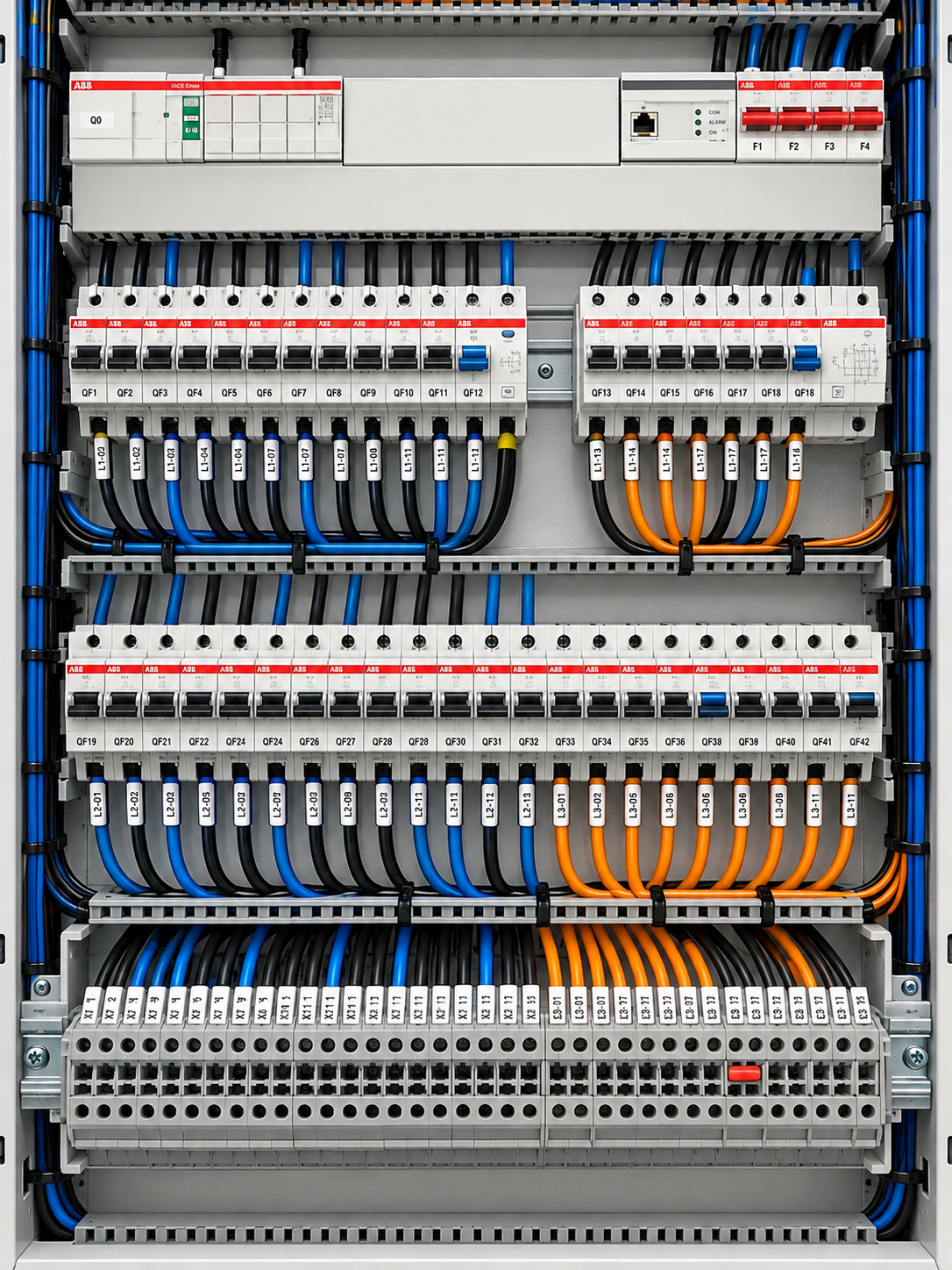 Interno di quadro elettrico con interruttori e terminali ordinati