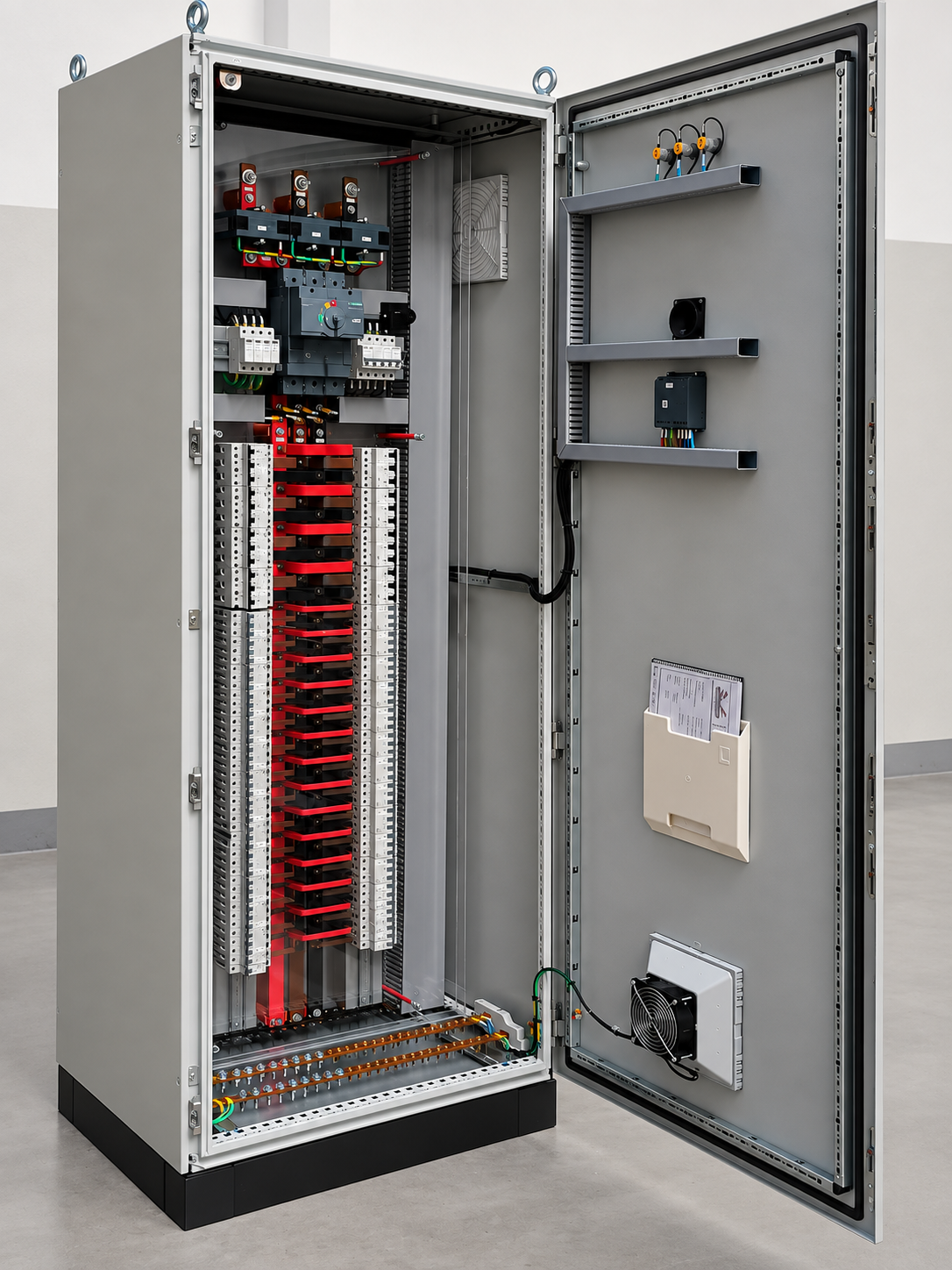 Quadro elettrico industriale aperto con cablaggio di comando